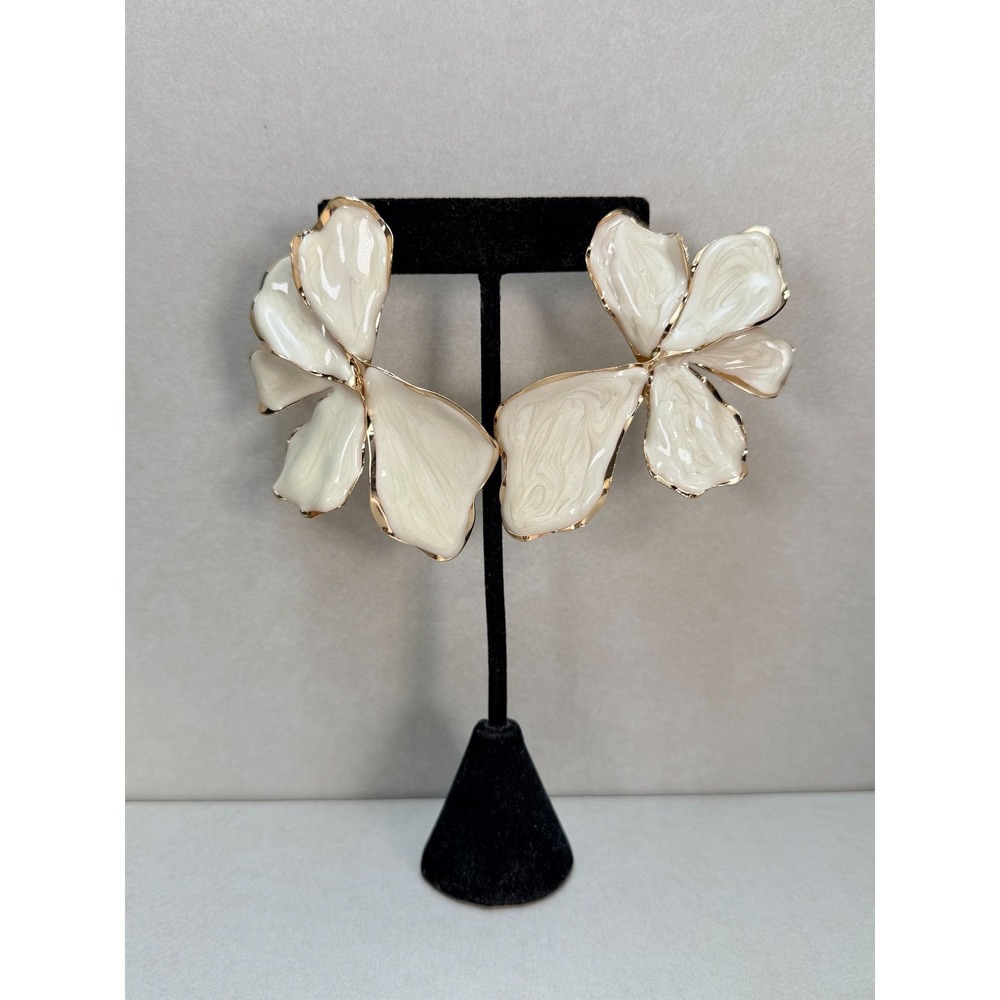 Zara Oversized Gold Tone Abstract Flower Statement Earrings Bold Modern NWOT